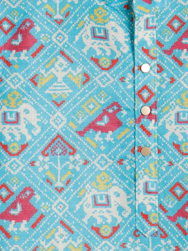 Sky blue cotton patola printed kurta