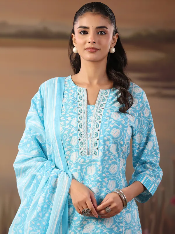 Sky blue cotton printed festival wear kurti set