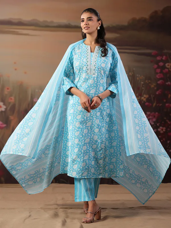 Sky blue cotton printed festival wear kurti set
