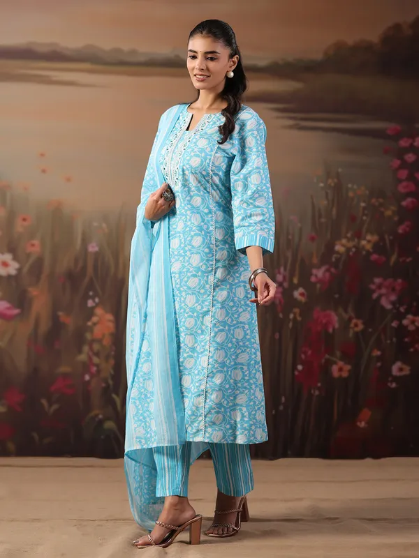 Sky blue cotton printed festival wear kurti set