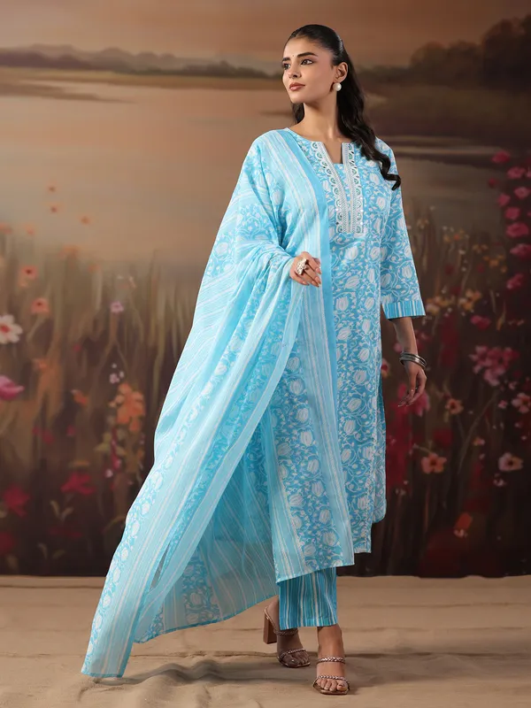 Sky blue cotton printed festival wear kurti set