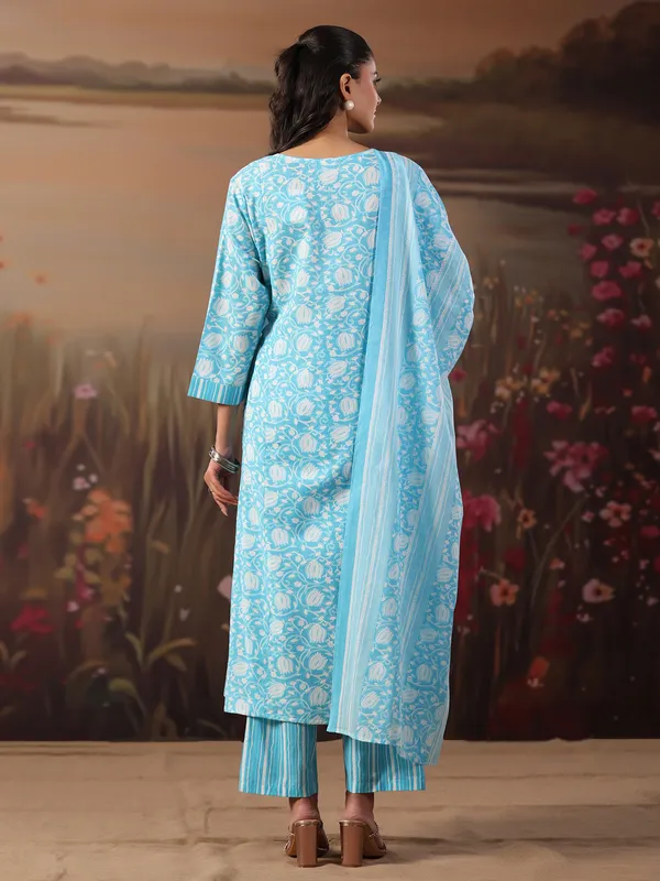 Sky blue cotton printed festival wear kurti set
