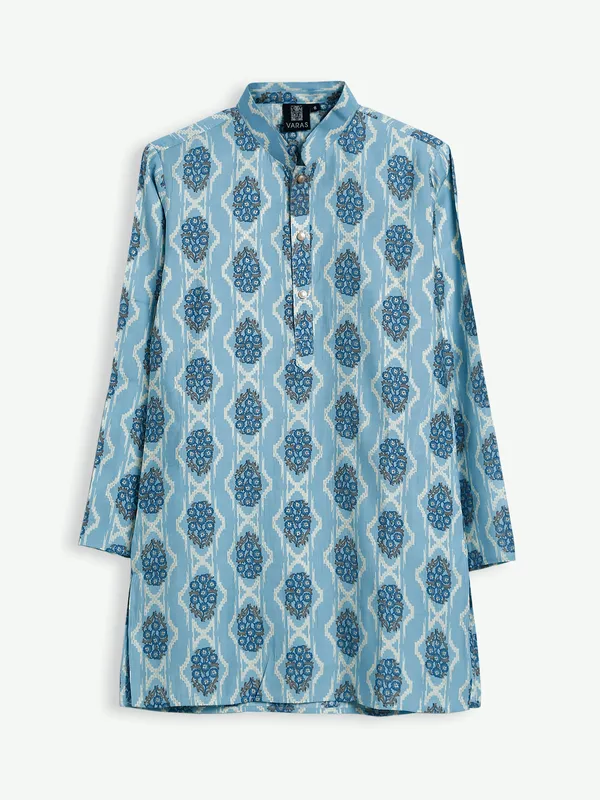 Sky blue cotton printed kurta suit