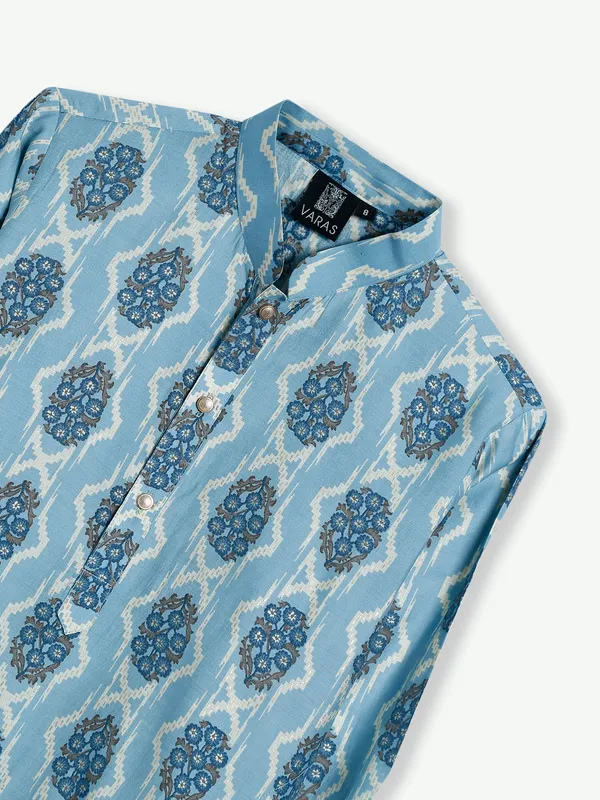 Sky blue cotton printed kurta suit