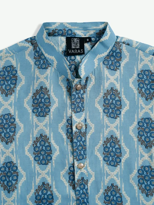 Sky blue cotton printed kurta suit