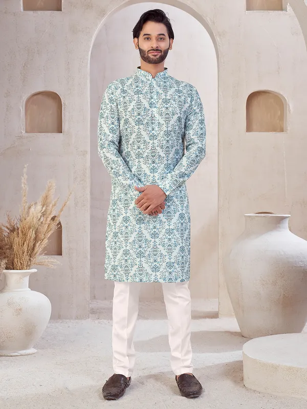 Sky blue cotton printed kurta suit for men