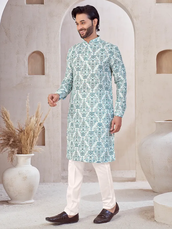 Sky blue cotton printed kurta suit for men