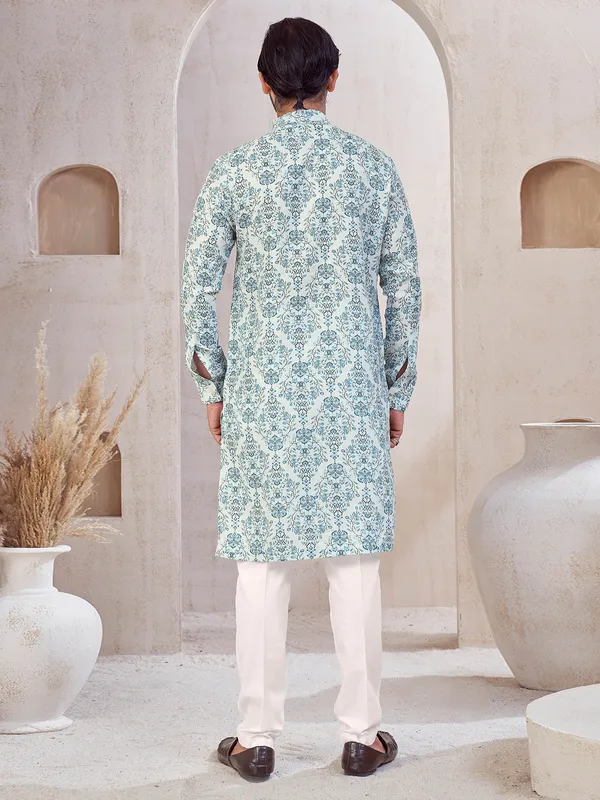 Sky blue cotton printed kurta suit for men