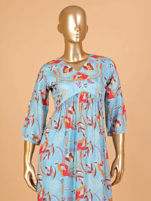 Sky blue cotton printed kurti with palazzo