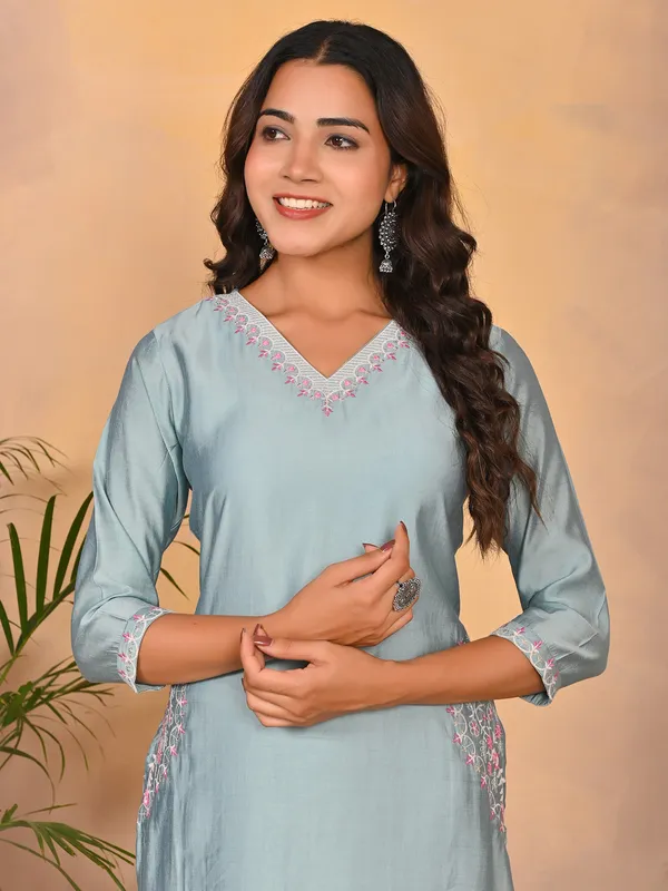 Sky blue cotton silk casual kurti