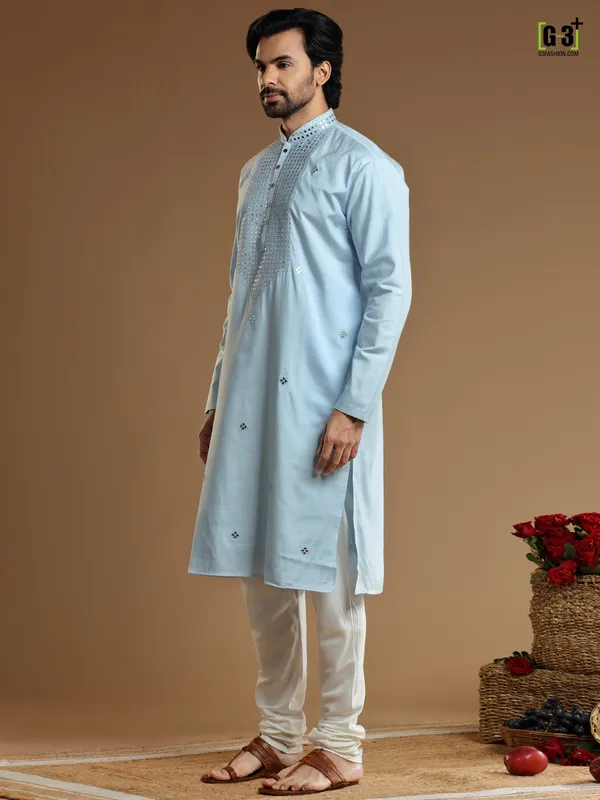 Sky blue cotton silk festive Kurta Set for Men