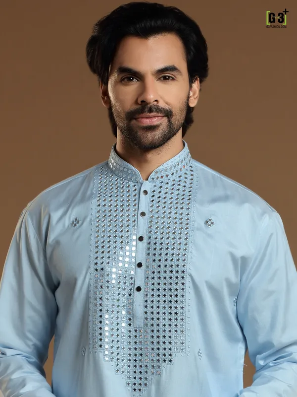 Sky blue cotton silk festive Kurta Set for Men