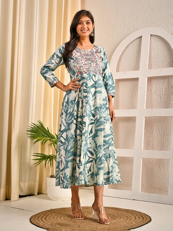 Sky blue cotton silk floral printed embroidered yoke kurti