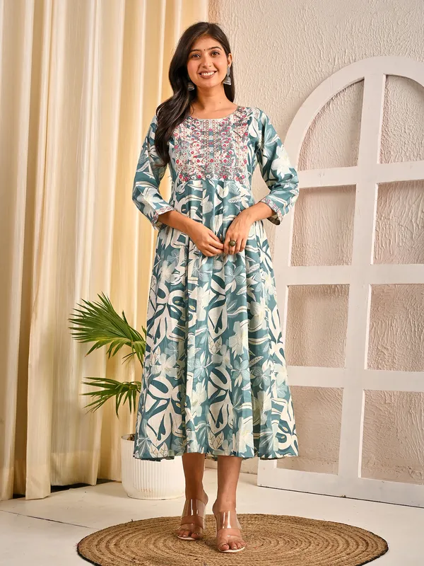 Sky blue cotton silk floral printed embroidered yoke kurti