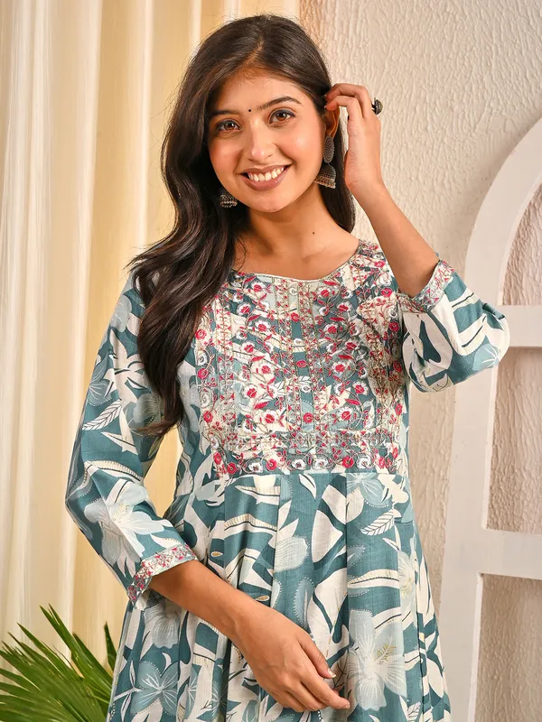 Sky blue cotton silk floral printed embroidered yoke kurti