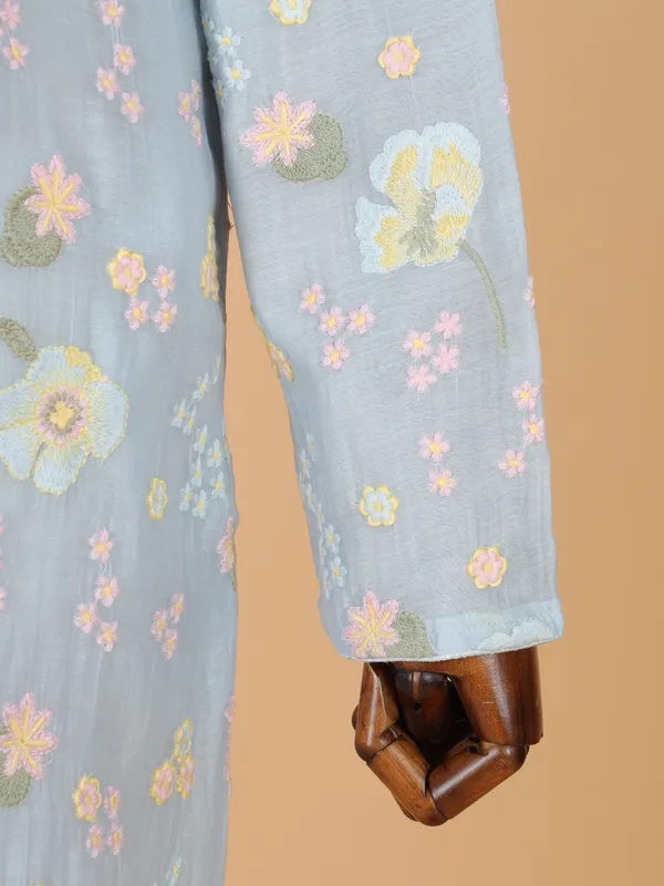 Sky blue cotton silk kurta suit in embroidery