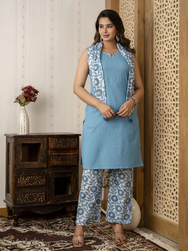 Sky blue cotton silk kurti set in printed