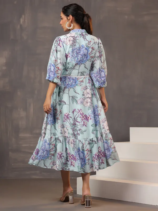 Sky blue cotton silk kurti with print