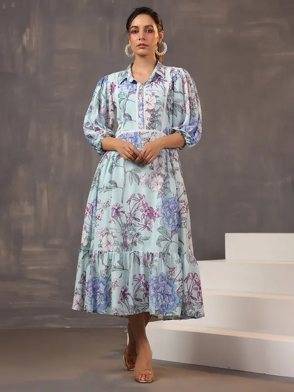 Sky blue cotton silk kurti with print