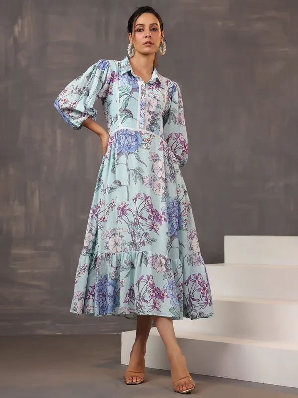 Sky blue cotton silk kurti with print