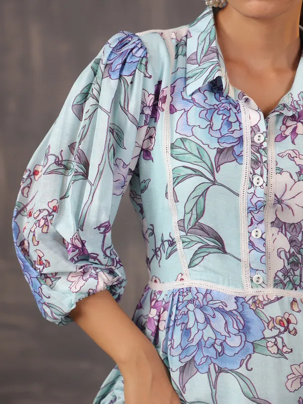 Sky blue cotton silk kurti with print