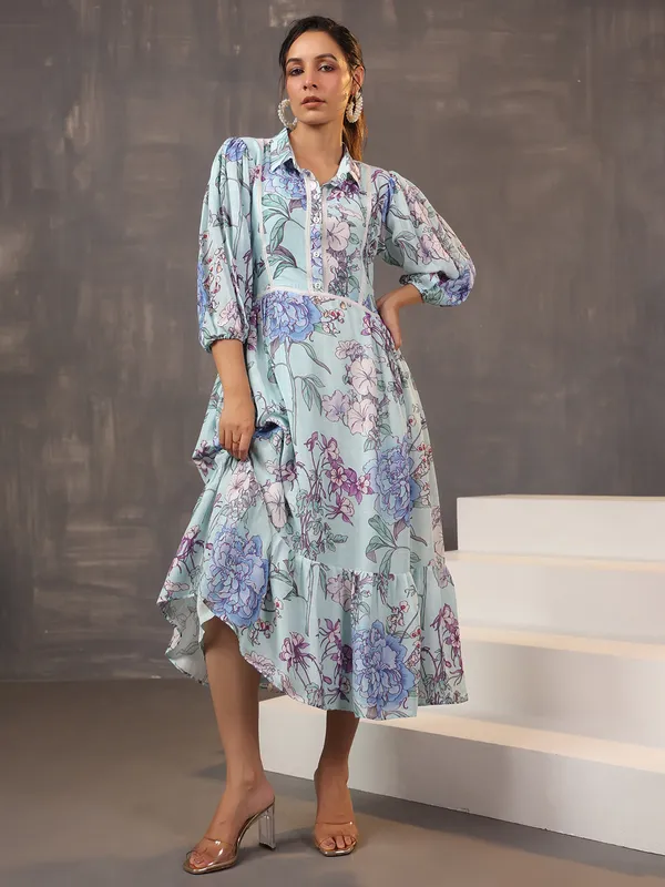 Sky blue cotton silk kurti with print