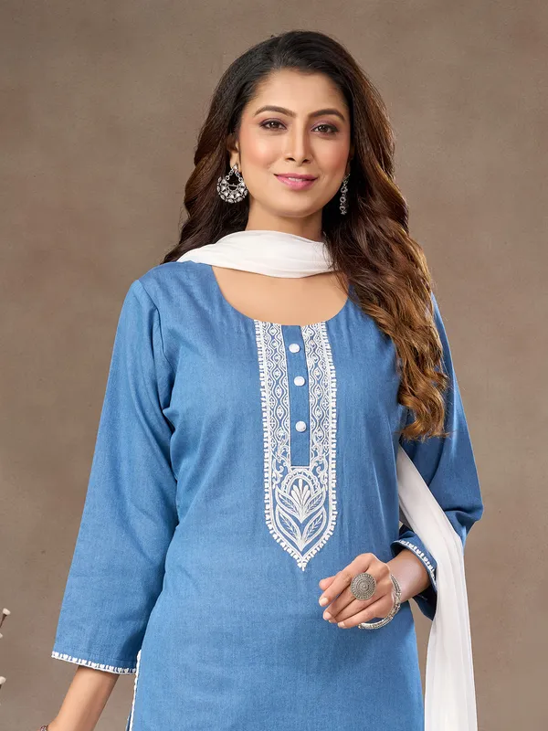Sky blue cotton silk salwar suit with embroidered detailing
