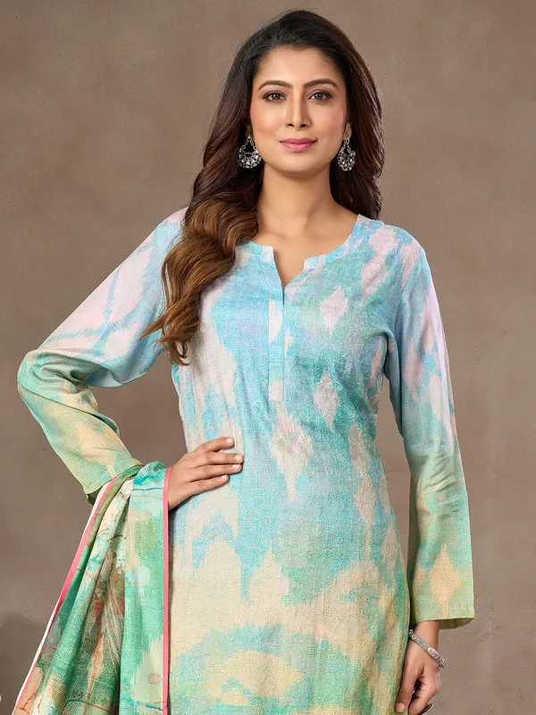 Sky blue cotton silk salwar suit with stand collar