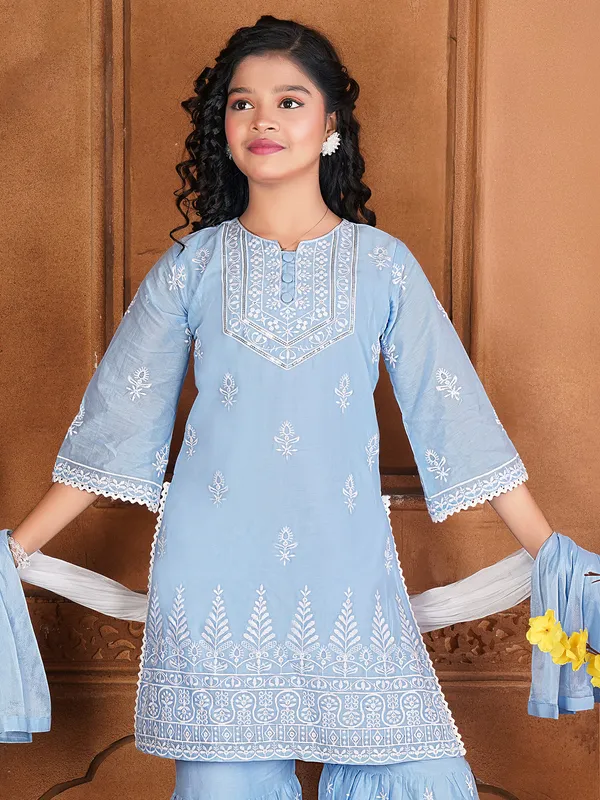 Sky blue cotton silk sharara designer salwar suit
