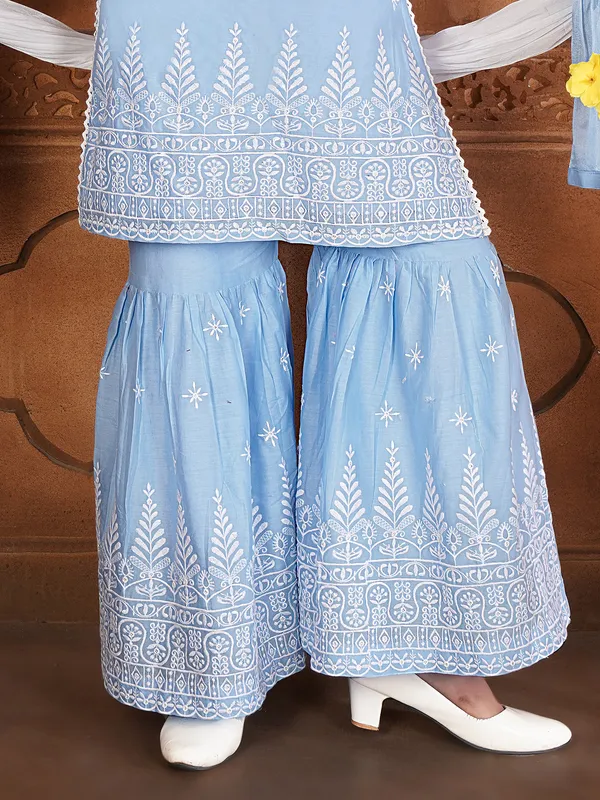 Sky blue cotton silk sharara designer salwar suit
