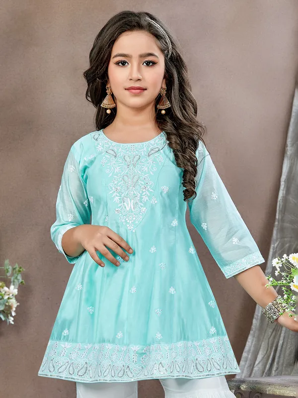 Sky blue cotton silk sharara salwar suit for girls