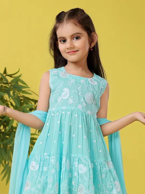 Sky blue cotton silk sharara suit with dupatta