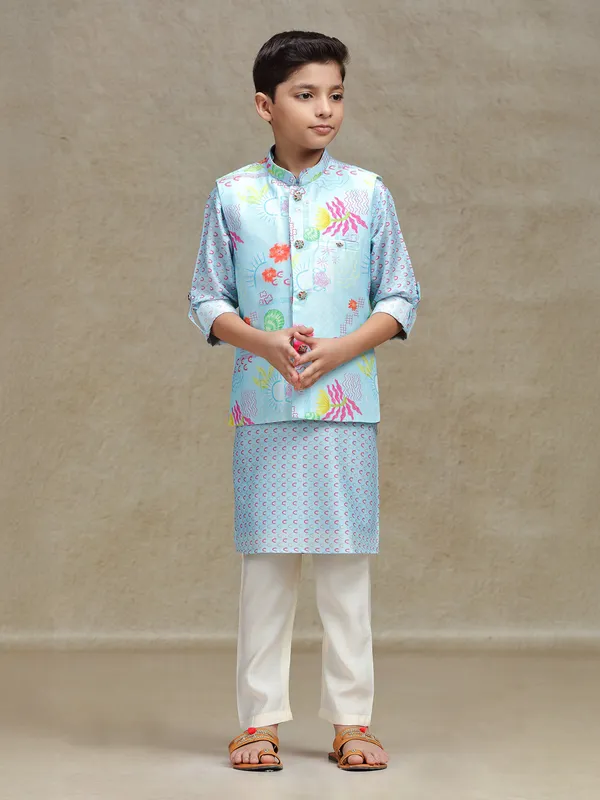 Sky blue cotton silk waistcoat set with print for boys