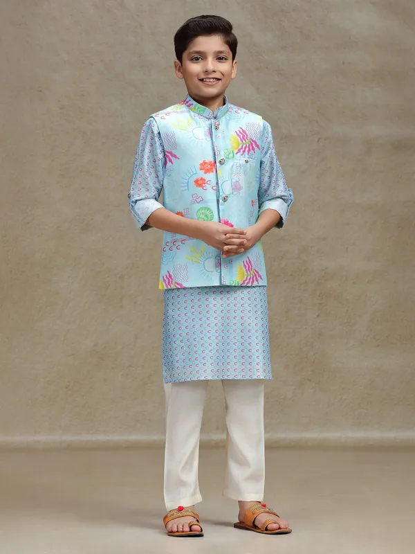 Sky blue cotton silk waistcoat set with print for boys
