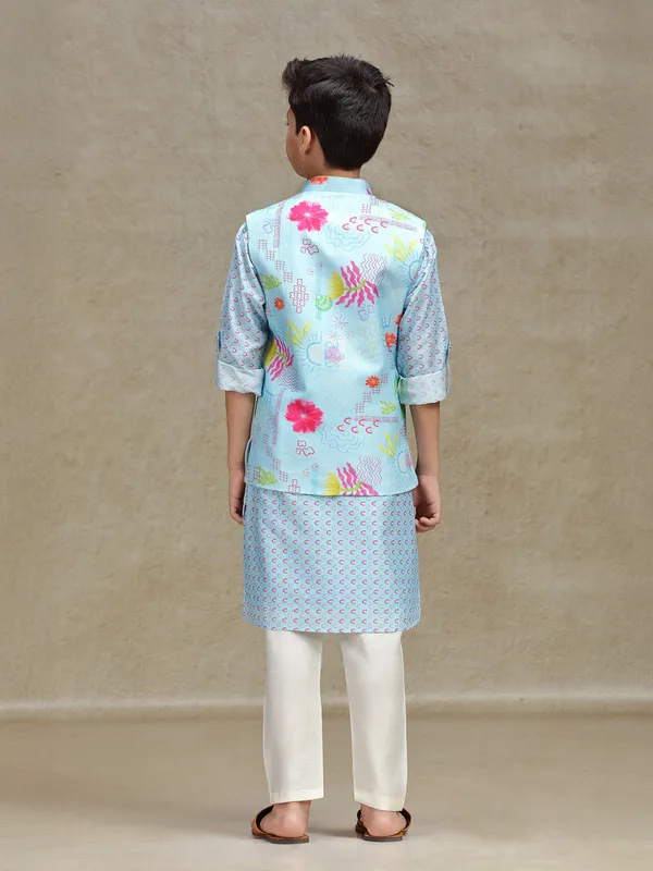 Sky blue cotton silk waistcoat set with print for boys