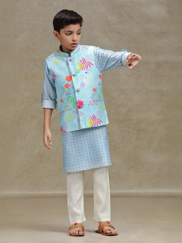 Sky blue cotton silk waistcoat set with print for boys