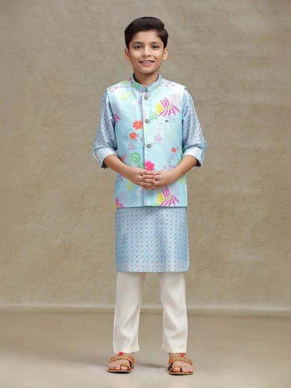 Sky blue cotton silk waistcoat set with print for boys