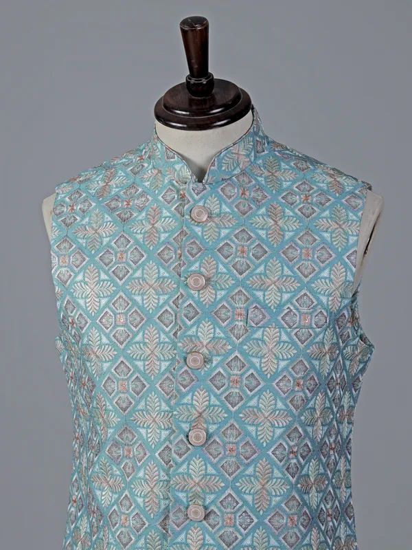 Sky blue cotton silk waistcoat with sequins work
