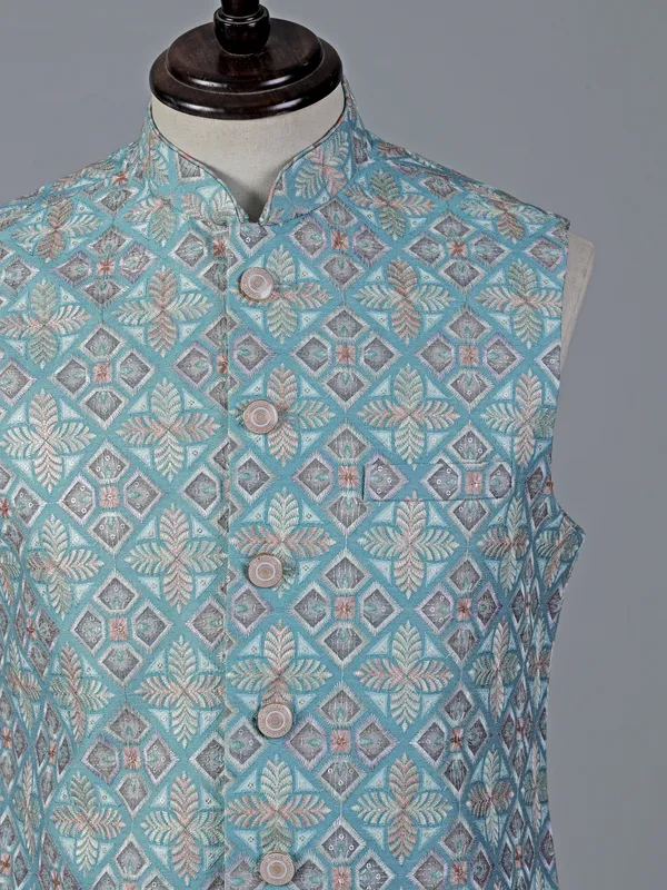 Sky blue cotton silk waistcoat with sequins work