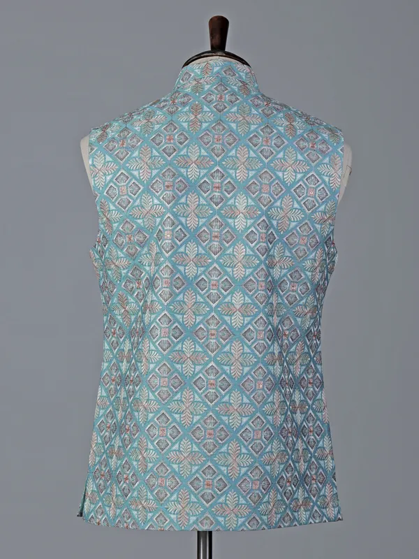 Sky blue cotton silk waistcoat with sequins work