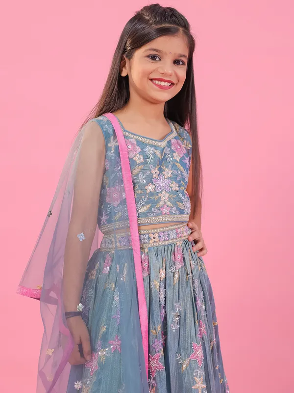 Sky blue cotton tissue silk lehenga choli for girls