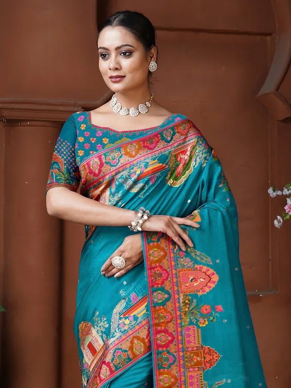 Sky blue dola silk resham weaving saree