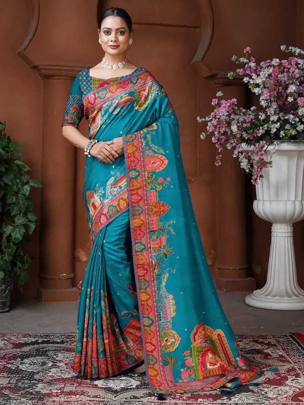 Sky blue dola silk resham weaving saree