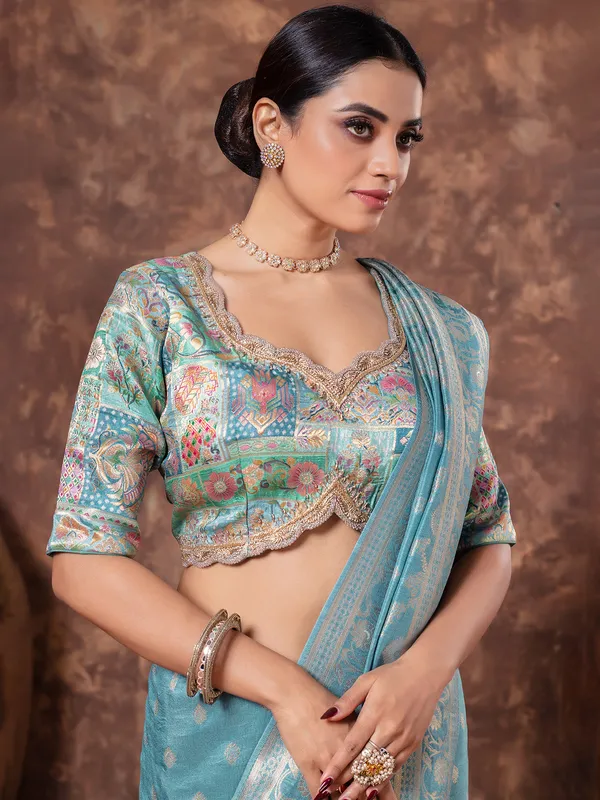Sky blue dola silk saree in zari weaving