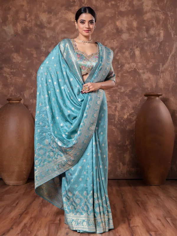 Sky blue dola silk saree in zari weaving