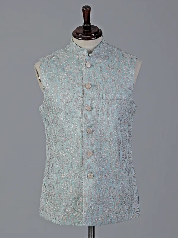Sky blue embroidered cotton silk waistcoat
