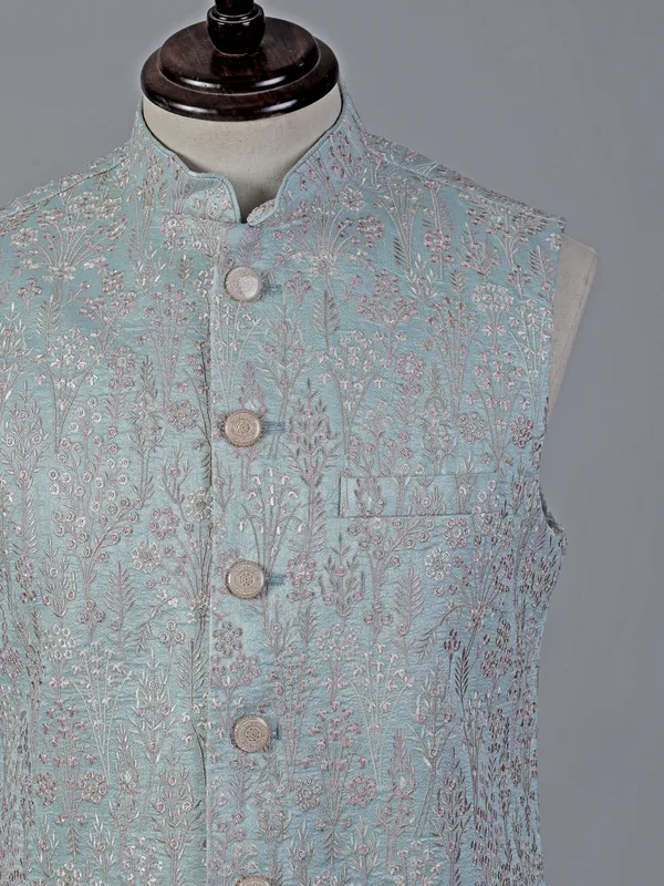 Sky blue embroidered cotton silk waistcoat