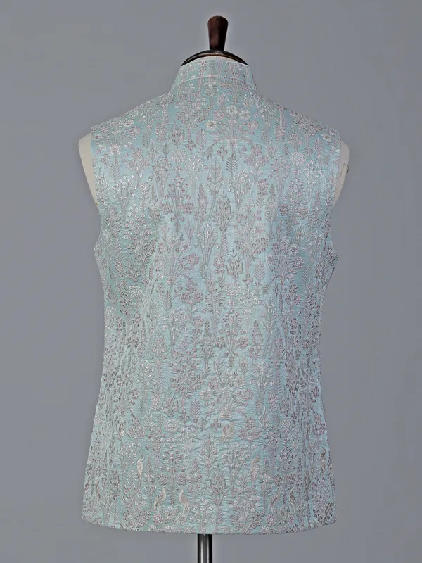 Sky blue embroidered cotton silk waistcoat