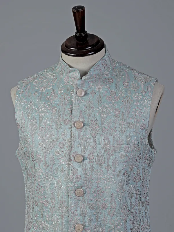 Sky blue embroidered cotton silk waistcoat