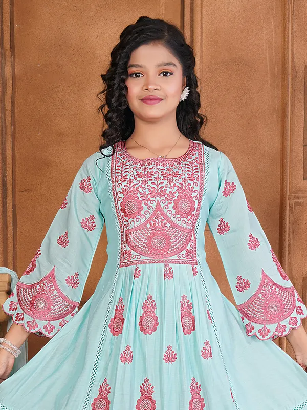 Sky blue embroidered salwar suit with dupatta and pants